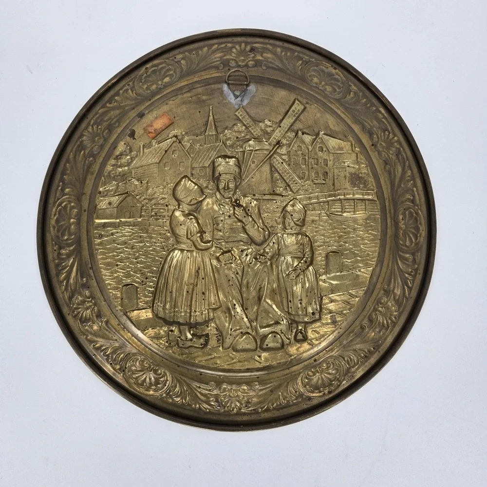 Vintage Lombard England‎ Brass Wall Plaque Dutch Windmill Scene Embossed 15